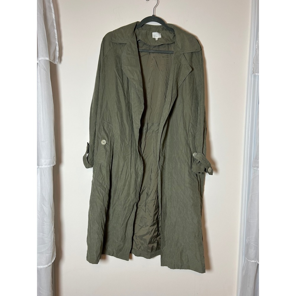 Dee Elly Olive Green Lightweight Duster Trench Coat Open Front Small - Picture 1 of 9